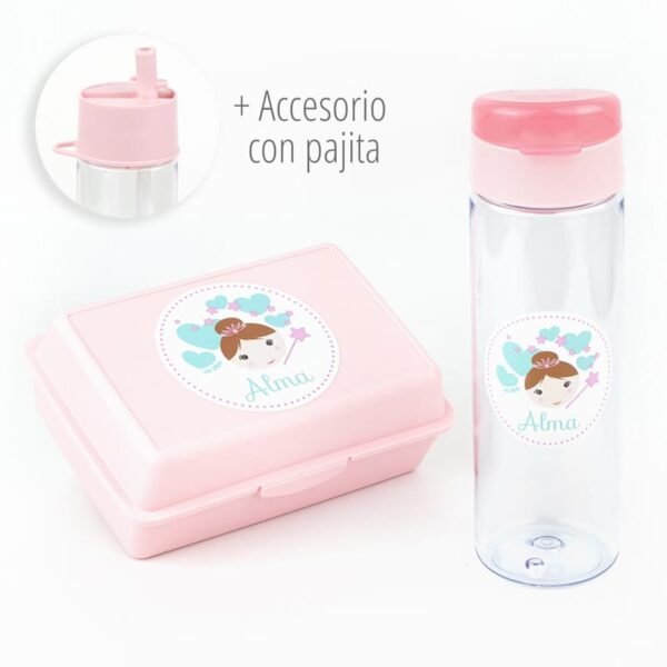 Pack Botella + Cajita Porta Alimentos + Acc. pajita Personalizado Hada